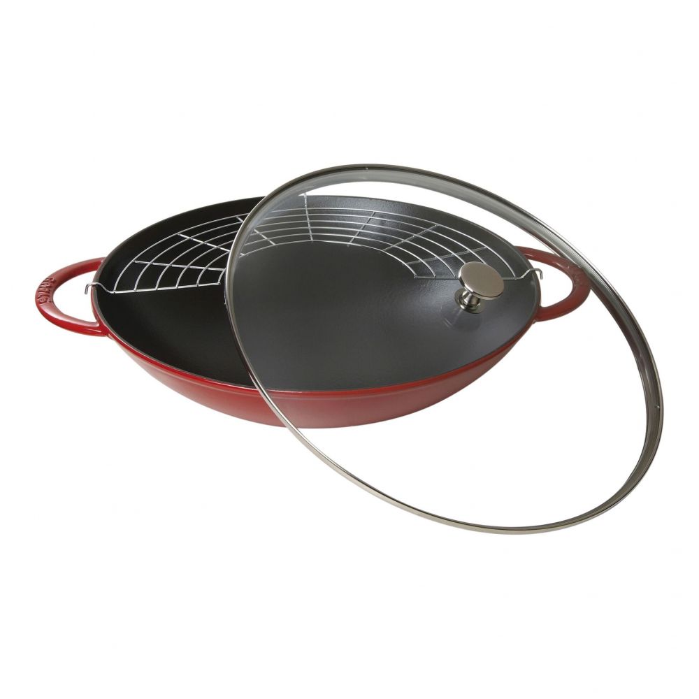 STAUB Gusseisen Wok mit Glasdeckel und Abtropfgitter, Ø 37cm / Kirsch-Rot 40509-898-0